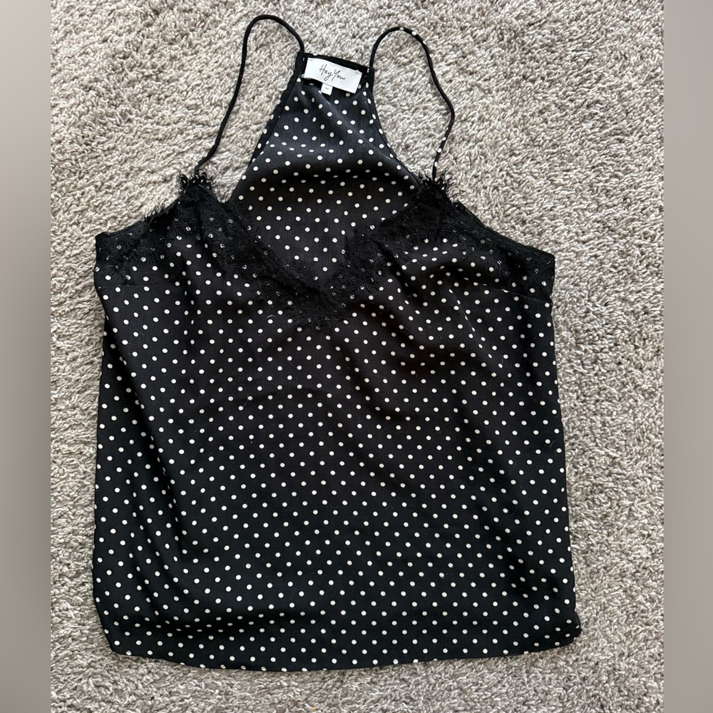 Honey Punch Black and White Polka Dot Lace-Trim Halter Cami